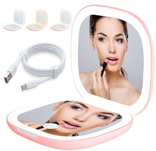 LED Taschenspiegel mit 1X/10X Vergrößerung, Kosmetikspiegel Vergrößerungsspiegel mit Licht Reisespiegel mit Dimmable und 2-Seitiger LED-Licht Handspiegel Klappbar, Geschenke für Mädchen,Rosa