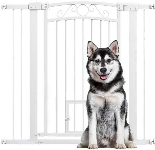 PawHut Barrera para Perros 76-104 cm Barrera de Seguridad para Perros con 2 Extensiones 7/14 cm y Doble Bloqueo para Escaleras y Puertas Blanco