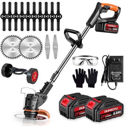 Cordless Strimmer, Electric 21V Grass Trimmers 90° Head Rotation & 6in Cutting Diameter, Garden Strimmer with 2x 4.0Ah Battery & Fast Charger, Metal Blade, Grass Cutter for Clearing Weeds Flower Trees