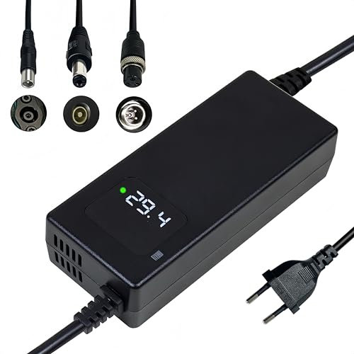 Cargador batería Litio 24V 29.4V 4A, con Pantalla LED Funciones de protección reparación múltiple, Certificado por CE, Equipado con Conector RCA 8 mm, DC 5.5 * 2.1 mm, GX12 8mm
