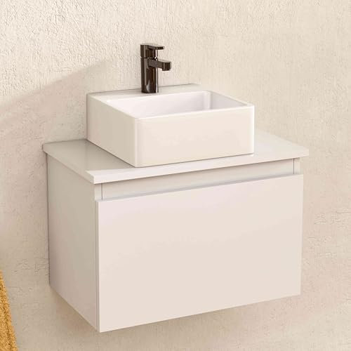 BELLOBATH - Mueble Baño Suspendido con Lavabo de Cerámica Cuadrado, Mueble Baño con Lavabo Montado con 1 Cajón, 49,5 x 32 x 30 cm, Mueble Blanco