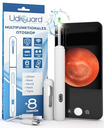 Otoscope Oreille avec Caméra 1920p 3,6mm Étanche WiFi Elimination du Cérumen - UdiGuard Endoscope Nettoyant Oreille Blanc Compatible avec iPhone iPad Android - 6 Lumières LED - Chien Adultes Bebe
