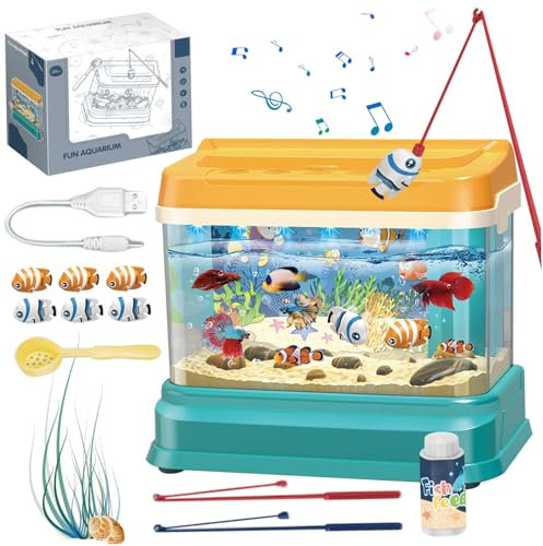 Juguete de Acuario de bebé, Sonido Interactivo y Peces Artificiales Ligeros con Pescado en Movimiento, 3 Niveles Juguete de Pesca Recargable con caña para niñas, niños