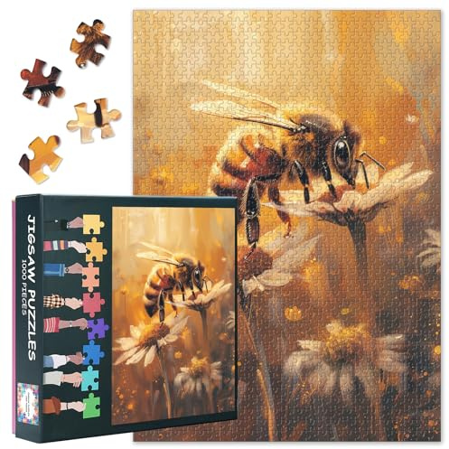 Bienen-Puzzles für Erwachsene, 1000 Teile, Biene auf Kamillenblüte, Puzzles, 1000 Teile, Insektenporträt-Kunstwerk, Unmögliche Herausforderungen, Puzzle, 50x70 cm