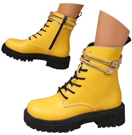 UK 3.5 Ankle Boots for Women Patent Leather Platform Lug Sole Combat Booties Lace up Low Block Chunky Heel Side Zipper Fall Winter Black Military Boot Shoes Stylish Footwear Gift B1_Yellow