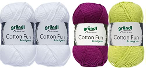 SB Pack Gründl Cotton Fun Häkelset für Topflappen Inhalt 4x50g Material 100% Baumwolle incl. Gratis Häkelanleitung und Häkelnadel (Norweger Apfel Lila)