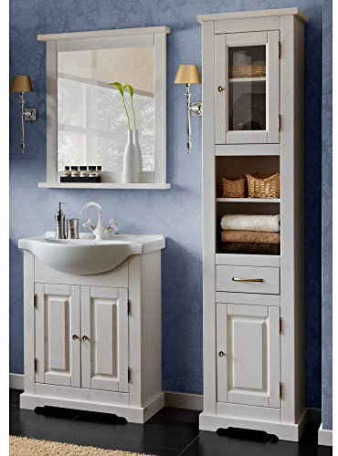 Lomadox Landhaus Badezimmermöbel Set Kiefer Massivholz weiß Gebleicht 65cm Waschtischunterschrank & Keramik Waschbecken Spiegel und Hochschrank