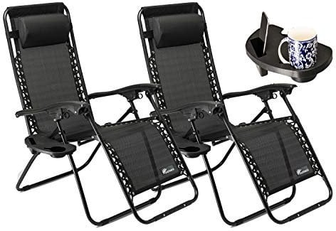 SUNMER Set of 2 Sun Lounger Garden Chairs With Cup And Phone Holder | Adjustable Headrest Pillow | Deck Folding Recliner Zero Gravity Outdoor Chair - Black