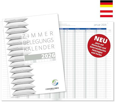 Zimmerbelegungsplan 2026 Zimmerbelegungskalender Belegungskalender für Vermieter Belegungsplaner für Hotels und Pensionen Ferienwohnung in Blau mit Feiertagen Deutschland und Österreich