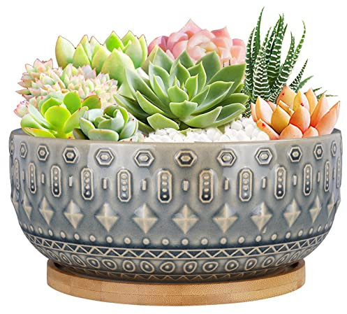 Fivepot 20.5CM Ceramic Succulent Planter Pots with Drainage Hole for Indoor Plants Round Shallow Bonsai Flower Pot with Bamboo Tray Blue