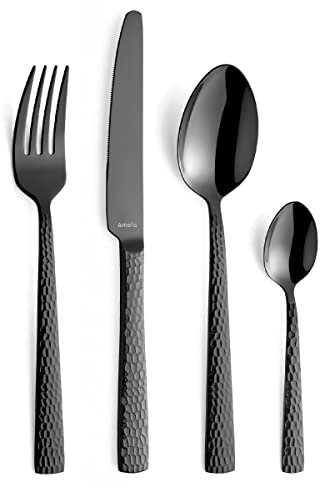 Amefa PVD Besteck Set Felicity, Schwarzes Besteck, 24-teiliges Besteck Schwarz, Für 6 Personen, 18/0 Edelstahl, 13/0 Klingenstahl, Gehämmerter Griff, Mit Messer, Gabel, Löffel & Kaffeelöffel