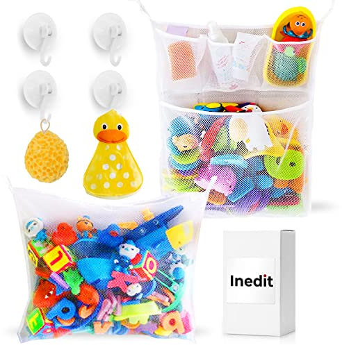 Filet Rangement Jouet Bain Douche Baignoire - (LOT DE 2) Filet Jouets Bébé + OFFERT 4 Crochets Robustes Adhésifs