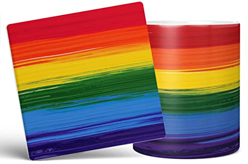 Mug Monster - Painted Effect Gay Pride Flag Mug, LGBT LGBTQ Gift, Rainbow Flag Cup - Ceramic Coffee Cup, Gift for Men or Women, Extra Large and Giant Available, 11oz White & Coaster