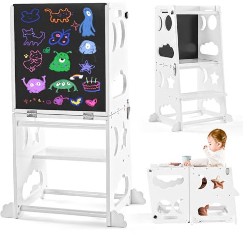 Dorifine Lernturm Klappbar, Lernturm Montessori, 3 in 1 Lernturm ab 1 Jahr, Learning Tower aus Naturholz für Kinder für Küche Tisch Bad, Montessori Lernturm Umwandelbar in Kindertisch mit Stuhl White