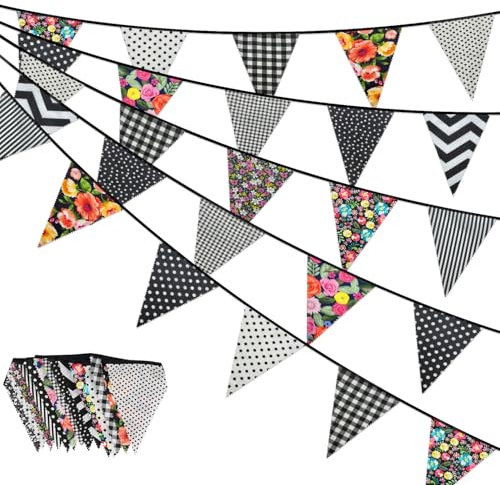 Schwarze Stoff-Wimpelkette, 10 m, 26 Stück, wunderschöne Blumen-Wimpelkette, Garten-Wimpelkette, Vintage-Stoff-Wimpelkette für Partys, Geburtstage, Nachmittagstee, Ostern und Muttertag