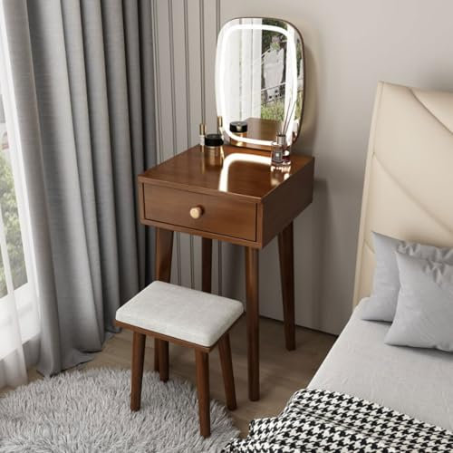 CADEHUB Schminktisch Klein Schminktisch Spiegel Mit Beleuchtung Frisiertisch-Set Aus Holz füR Kleine RäUme Minimalistisches Design füR Schlafzimmer Apartment Loft Wohnheim Walnut