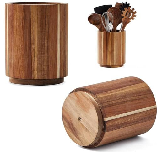Porte-ustensiles rotatif en bois d'acacia, porte-ustensiles de cuisine pour comptoir, peut contenir 15 à 20 outils de cuisine, organisateur de comptoir rustique