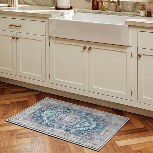 Decoranddecor Traditional Washable Rug 60x90cm Bedroom Bath Non-Slip | Blue Bath & Bedside Mat, Machine Washable Rug, Area Rug, 6mm Low Pile, Pet Friendly, Stain Resistant