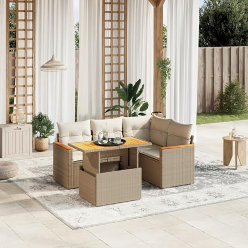Hommdiy 5-TLG. Garten-Sofagarnitur mit Kissen Poly Rattan ohne Stauraum Beige und Creme Gartenmöbel Gartengarnitur Sitzgruppe Sitzgarnitur Lounge Sofa Garnitur Terrasse
