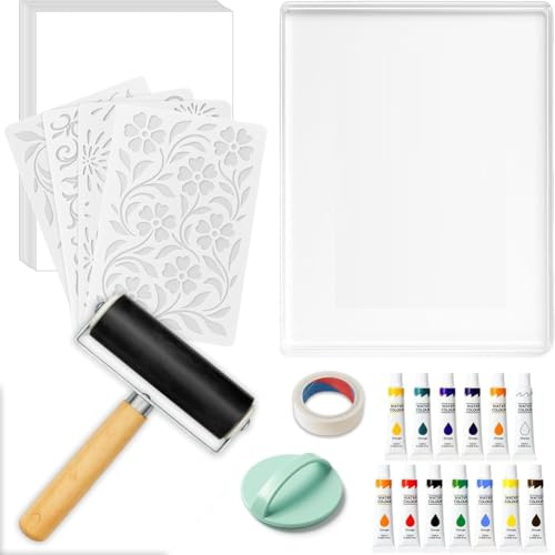 YGBWAOV Kit de Plaque D'Impression en Gel, avec Plaque en Gel de 8 X 10, Rouleau, Peintures Aquarelle, Papier D'Impression A4 et Outils Essentiels.