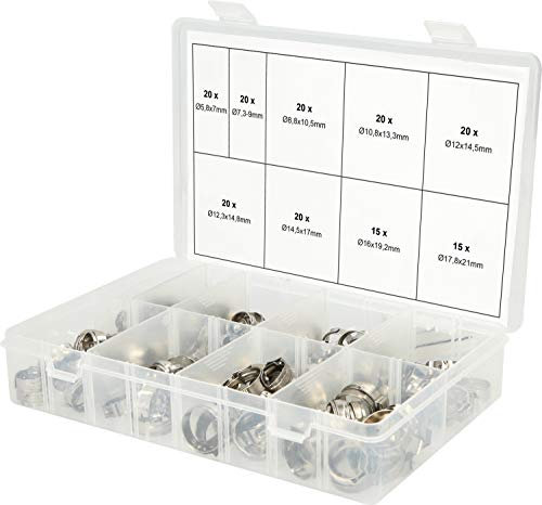 Sortiment stufenlose 1-Ohr-Schlauchschellen, Durchmesser 5, 8-21mm, 170-tlg