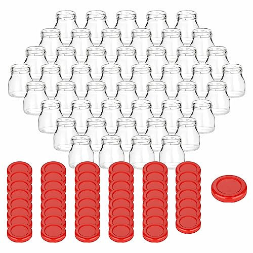 gouveo 48er Set Einmachgläser 50 ml Mini mit Schraub-Deckel rot - Mini Vorratsgläser mit Drehverschluss - Marmeladengläser, Einkochgläser, Gewürzgläser, Einweckgläser