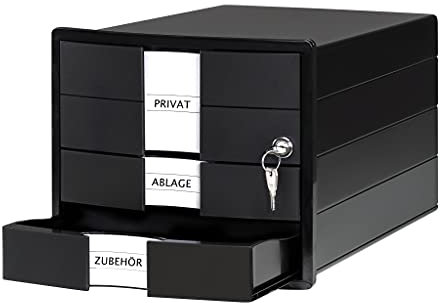 HAN Schubladenbox IMPULS 2.0 abschließbar mit 3 geschlossenen Schubladen für DIN A4/C4 inkl. Beschriftungsschilder, Unterlagenbox, Boden mit Auszugsperre, möbelschonende Gummifüße, 1018-13, schwarz