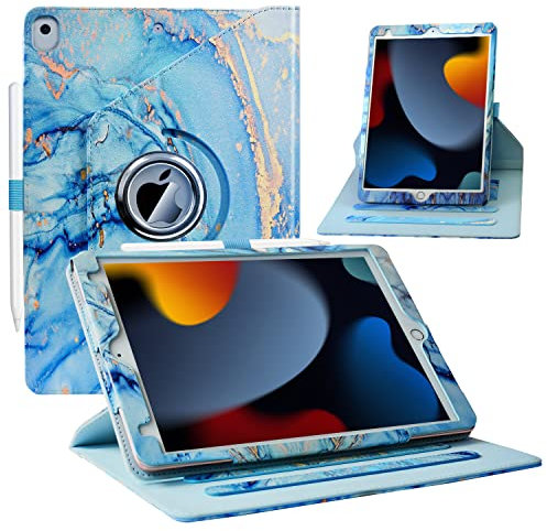 ZoneFoker for New iPad 9th/ 8th/ 7th Generation Case, iPad 10.2 Case, 360 Degree Rotating Multi-Angle Viewing Stand, Leather Cover with Pencil Holder for iPad 10.2 inch 2021/2020/ 2019 (Marble Blue)