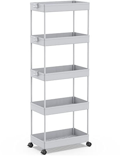 SPACEKEEPER Küchenwagen mit 5 Ebenen, Rollwagen Nischenregal auf Rollen, platzsparendes Badregal und Küchenregal für Küche Büro Bad, 113 x 40 x 22cm, Grau
