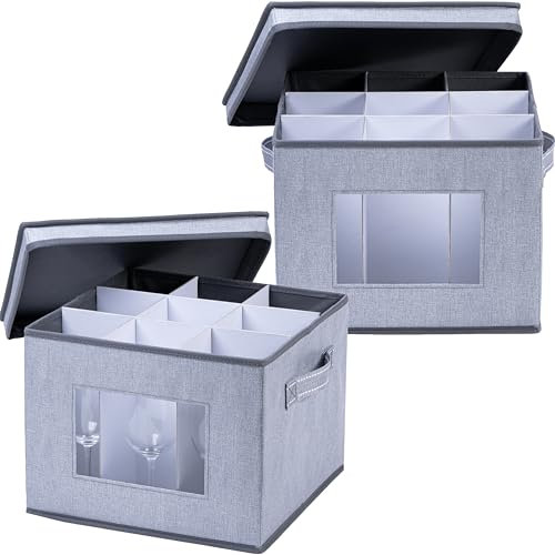 VENO Paquete de 2 cajas tapa y asas, para guardar adornos navideños y cristalería, organizador de cristalería y vajilla, ideal para mudanzas y transporte (copas de vino: paquete de 2)