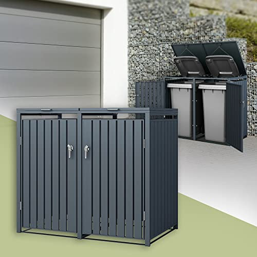 ML-Design Box pour 2 Poubelles, 240L, 132x80x116,3 cm, en Acier, Anthracite, Résistant aux Intempéries, Habillage de Poubelle avec Couvercle Rabattable/2 Portes, Conteneur Abri Hangar Cache-Poubelle