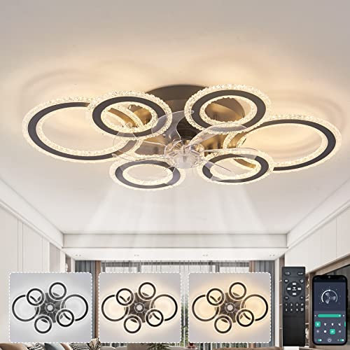 Lampe Ventilateur Plafond Silencieux, Moderne Plafonnier Ventilateur Design avec 6 Lumières Annulaires, 108W LED Dimmable, Moteur DC Réversible, 6 Vitesses, Ventilateur Plafond avec Telecommande, Noir