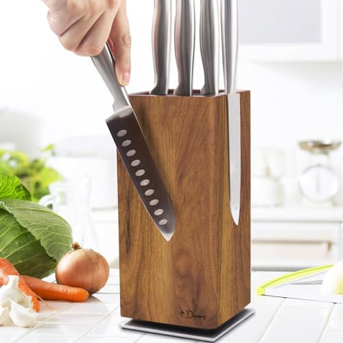 Dmore 360° Rotating Knife Block - Elegant Acacia Wood Magnetic Knife Holder, Extra Large Capacity for Knives and Utensils