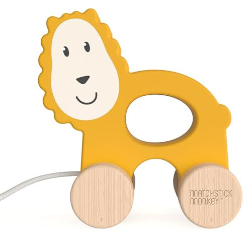 Matchstick Monkey Holzspielzeug Nachzieh Spielzeug mit Baumwollschnur - Ludo Löwe - fördert Feinmotorik für stundenlangen Spielspaß - ab 12 Monaten - aus Buchenholz - Farben auf Wasserbasis