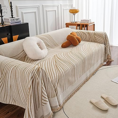 Mesnt Sofabezug 4 Sitzer Big Sofa, Chenille Waschbar Sofa Protection Cover Schonbezug Couch Einfaches Linienmuster mit wendbarer Quaste Khaki, 180x420CM