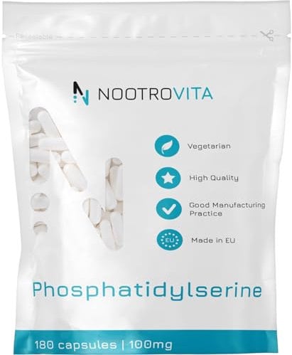 Phosphatidylserin 100mg - 180 Kapseln - Cortisol Blocker | Bei Stress, Konzentration, Gedächtnis und Cortison Senken | Hochdosiert, Vegan Phosphatidyl Serine aus Soja | Ohne GVO | Nootrovita