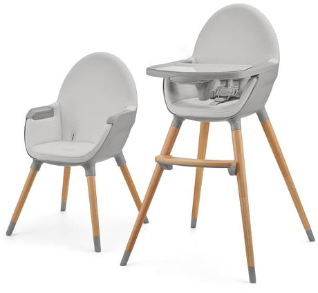 Kinderkraft Hochstuhl FINI2 2 in 1, Kinderhochstuhl, Babystuhl, Kombihochstuhl, Beine aus Holz, Sicherheitsgurte, Fußstütze, Doppeltablett, ab 6 Monate bis 5 Jahre, 5 Punkt Gurte, Grau