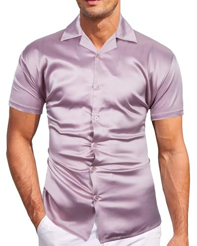 fohemr Mens Satin Shiny Cuban Shirts Luxury Short Sleeve Causal Button Down Solid Dress Stylish Business Party Shirt Pink X-Large