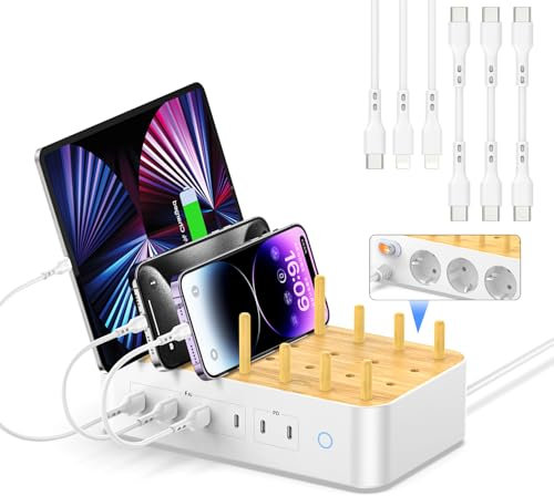 VisionSync Bamboo 60W 6 Port USB C Ladestation für mehrere Geräte, 20W PD Ladedock mit 3 AC Steckdosen, 3 USB C, 3 USB A, 2m Netzkabel für lPhone,lPad,Tablets... (6 gemischte Kabel), Weiß