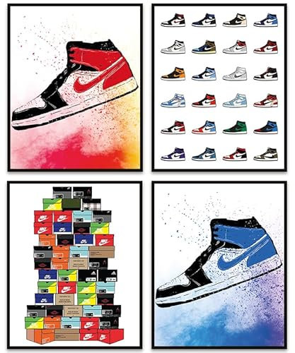 Selesmir Design Sneaker-Poster, Sneaker-Schlafzimmer-Dekor, ungerahmt, 4er-Set (20,3 x 25,4 cm), Turnschuhe, gestapelte Schuhkarton-Kollektion, ästhetische, coole Wandkunstdrucke für Teenager, Jungen,