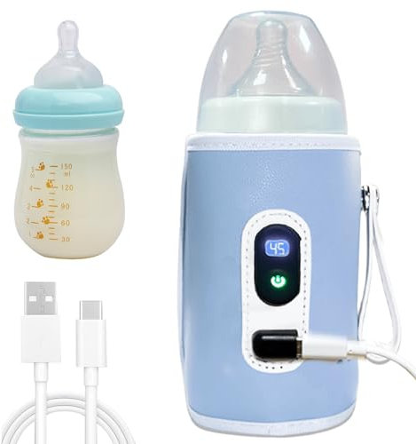Flaschenwärmer Baby Unterwegs, 21 Einstellbare Temperatur Tragbarer Flaschenwärmer zur Temperaturhaltung, USB-Ladung Flaschenwarmhalter Tragbarer Baby mit LCD-Display für alle Flaschen BPA-frei (Blau)
