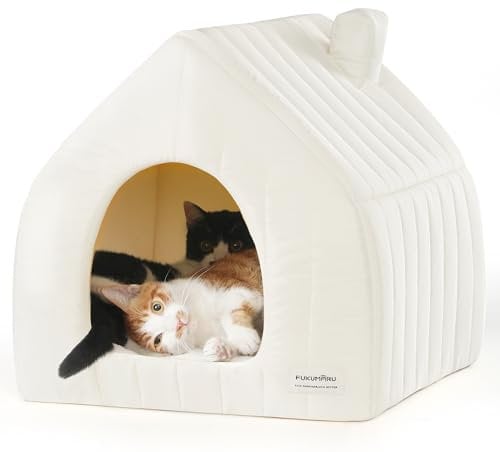 FUKUMARU Katzenbett große Katzen Katzenhöhle-43x43x45cm,Katzenhaus Indoor Mit abnehmbarem Katzenkissen,Haus Modellierung Stil, Katzen Bettchen waschbar, Weiß