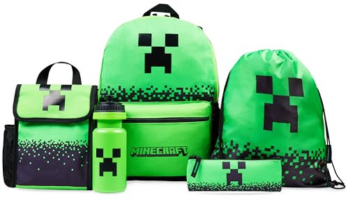 Minecraft Mochila Escolar Set de 5 Piezas Botella de Agua Bolsa Almuerzo Estuche Infantil Mochila Cuerdas o Llavero Correa con Cordón Material Escolar (Verde)