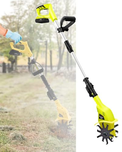 ZephyrGlow Motobineuse sans Fil - Motobineuse Électrique avec Batterie et Chargeur, Largeur Travail 10.5 cm, Profondeur Travail 25 cm, Tube Téléscopique, Bineuse à Terre électrique,TL-02