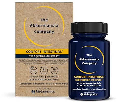 The Akkermansia Company Confort Intestinal - 30 Mds Probiotiques, Camomille, Vit. B2 & B9 - Santé Digestive, Stress & Muqueuses - 30 Comprimés Végans