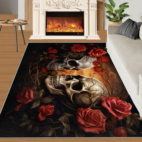 Totenkopf-Teppich, rutschfester und waschbarer Teppich, 80 x 150 cm, Gothic-Vintage-Rosen-Design, Skelett, Horror, für den Innenbereich, widerstandsfähiger Teppich zum Essen, weicher, niedriger Flor