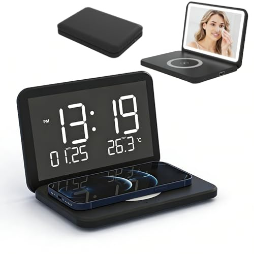 Ouitble Digitaler Wecker mit Kabelloser Ladestation für Smartphones 15W Faltbares LED Digitalwecker mit Datum und Raumtemperatur Dimmbares LED-Spiegel Anzeige für Reisen Zuhause Büro (Schwarz)