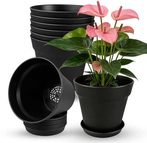 TEYIAN 15cm/6-in Plant Pots Indoor 8 Pack Plastic Flower Pots with Drainage Holes and Saucers Modern Decorative Planters Succulent Indoor Outdoor Plants