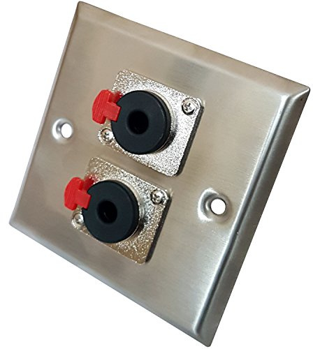 Brushed Steel (2x) 6.35mm (1/4”) Stereo Outlet Metal Wall Face Plate – Audio, Headphone, Microphone/Mic, Socket/Female Connections - Loops