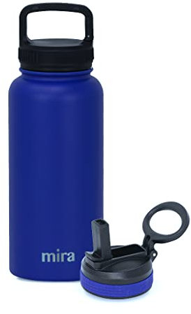 MIRA Isolierte Wasserflasche, Edelstahl, Sportflasche mit 2 Deckeln (Strohhalm und Griff), Thermoskanne für kalte Getränke, Blau